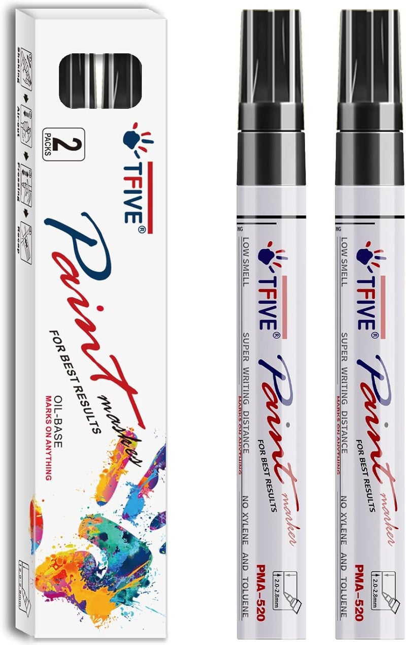 TFIVE Black Permanent Paint Marker Pens - 2 Count Oil Based Marker Pen, Medium Tip, Waterproof & Quick Dry, for Office, Art projects, Rock Painting, Ceramic, Glass, Wood, Plastic, Metal, Canvas - Image 1